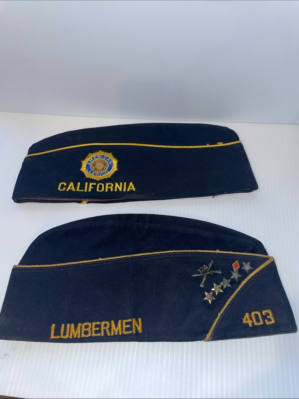 Vintage Navy Blue Lumbermen & Hollywood American Legion Caps and pins - Picture 2 of 6